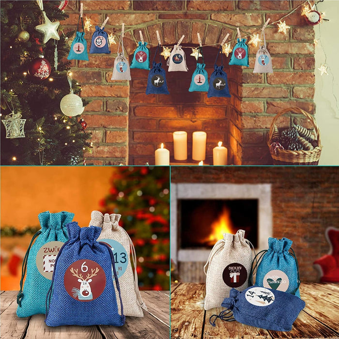 24 Adventskalender Zum Befüllen,Jutesäckchen Adventskalender 2022 Für Männer Frauen Kinder,Weihnachten Geschenktüten Mit 48 Adventszahlen Aufkleber,DIY Stoffbeutel Weihnachtskalender Tüten