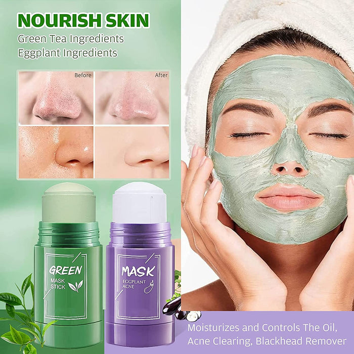2 Stück Grüner Tee Maske,Green Mask Stick,Grüntee Purifying Clay Grüntee Maske Ölkontrolle Anti-Akne-Aubergine Fest Fein,Regulieren Sie den Wasser