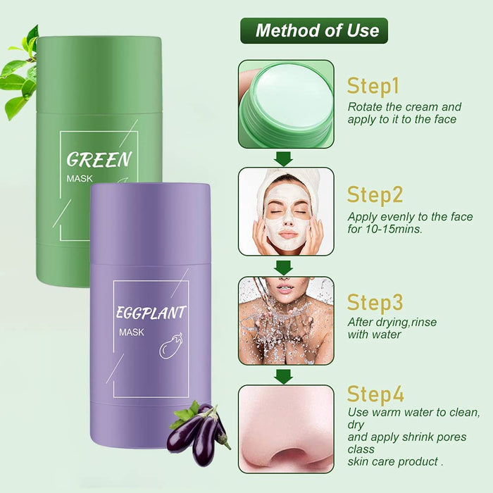 2 Stück Grüner Tee Maske,Green Mask Stick,Grüntee Purifying Clay Grüntee Maske Ölkontrolle Anti-Akne-Aubergine Fest Fein,Regulieren Sie den Wasser