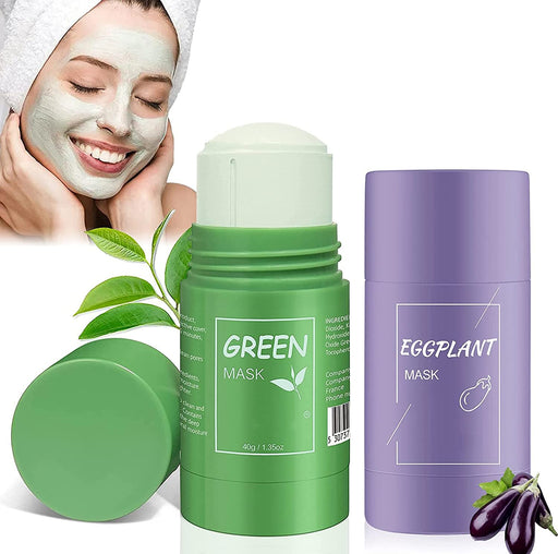 2 Stück Grüner Tee Maske,Green Mask Stick,Grüntee Purifying Clay Grüntee Maske Ölkontrolle Anti-Akne-Aubergine Fest Fein,Regulieren Sie den Wasser