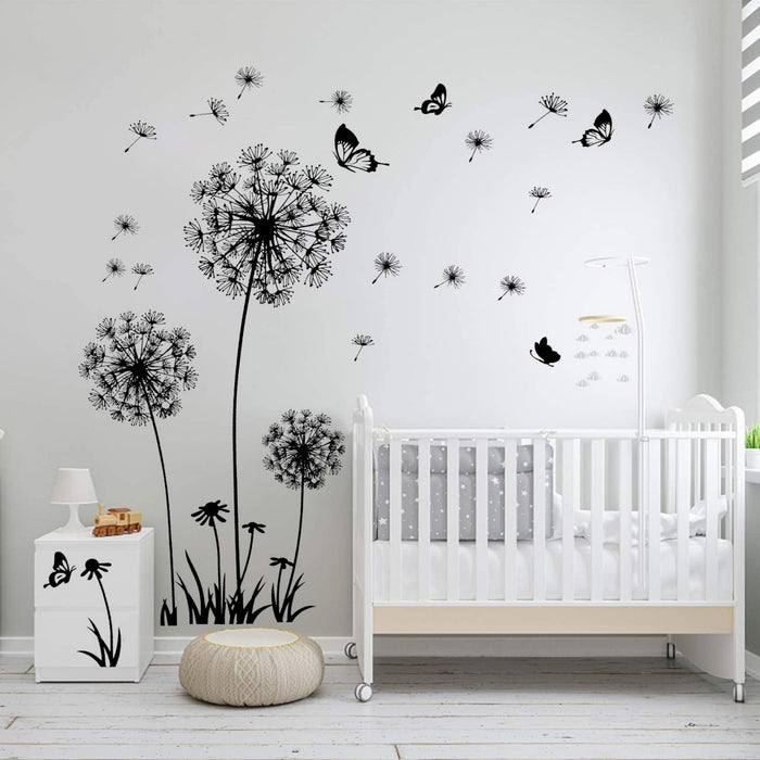 2 Stück Schwarz Wandtattoo Pusteblumen für Wanddeko,XXL Groß Löwenzahn Blumen Pflanzen Wandsticker Wandaufkleber Kleben Aufkleber Wandbilder für Wohnzimmer Schlafzimmer Vorraum Flur Fenster 165X130cm