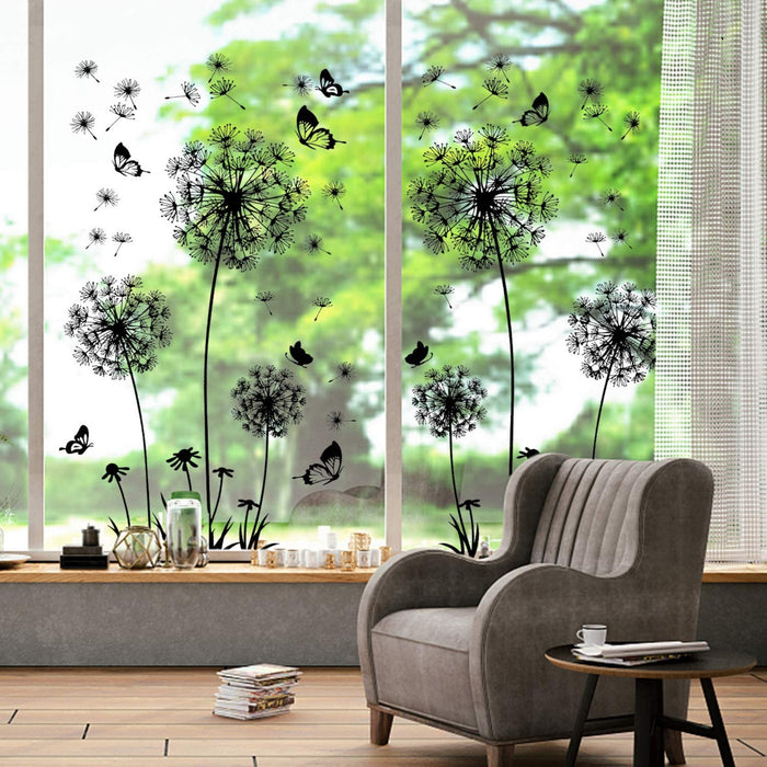 2 Stück Schwarz Wandtattoo Pusteblumen für Wanddeko,XXL Groß Löwenzahn Blumen Pflanzen Wandsticker Wandaufkleber Kleben Aufkleber Wandbilder für Wohnzimmer Schlafzimmer Vorraum Flur Fenster 165X130cm