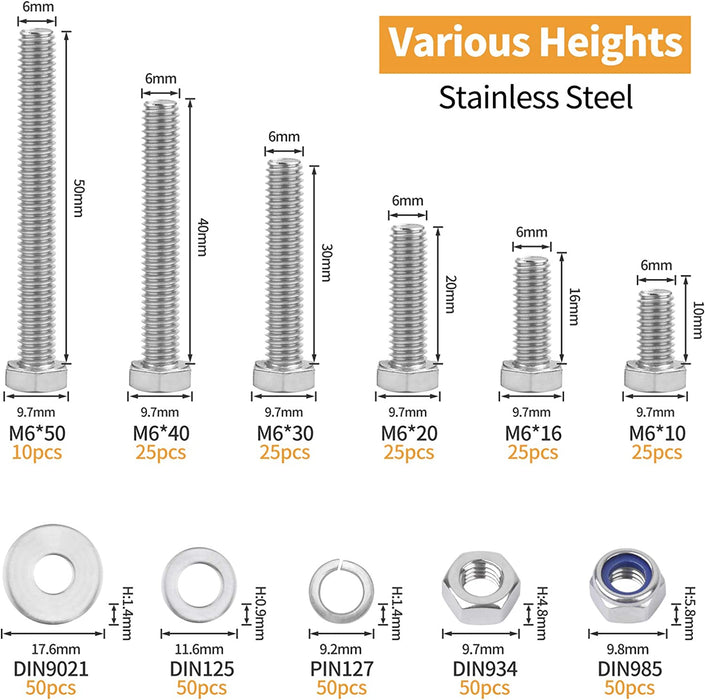 385PCS M6 Sechskantschrauben DIN 933 Sechskantschraube mit Gewinde bis Kopf A2-70 Edelstahl Schrauben Set Maschinenschrauben muttern 