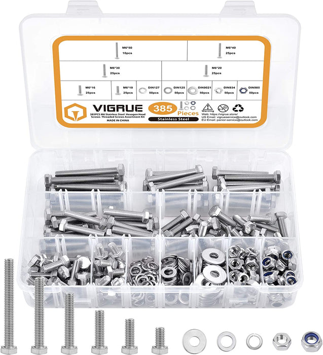 385PCS M6 Sechskantschrauben DIN 933 Sechskantschraube mit Gewinde bis Kopf A2-70 Edelstahl Schrauben Set Maschinenschrauben muttern 