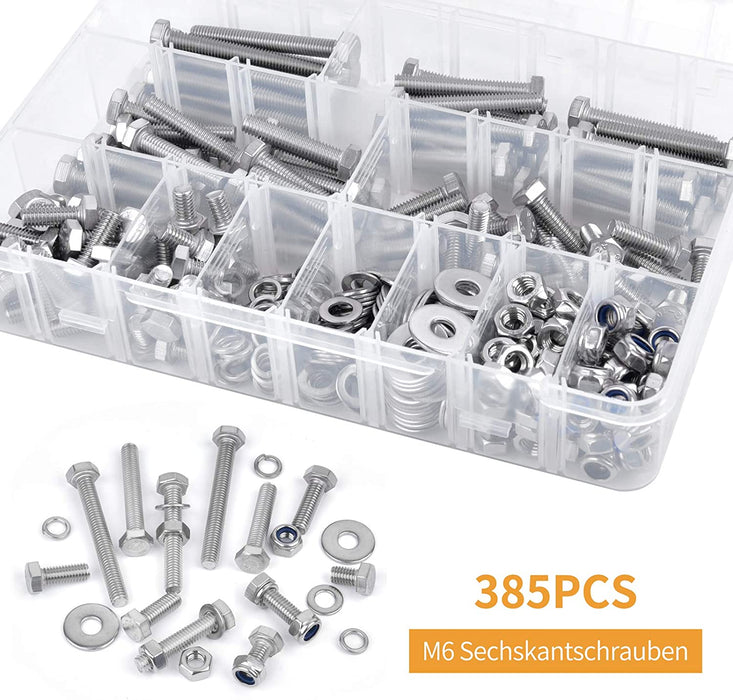 385PCS M6 Sechskantschrauben DIN 933 Sechskantschraube mit Gewinde bis Kopf A2-70 Edelstahl Schrauben Set Maschinenschrauben muttern 
