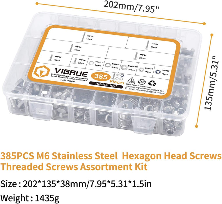 385PCS M6 Sechskantschrauben DIN 933 Sechskantschraube mit Gewinde bis Kopf A2-70 Edelstahl Schrauben Set Maschinenschrauben muttern 