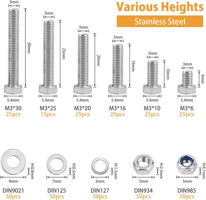 390PCS M3 Sechskantschrauben DIN 933 Sechskantschraube mit Gewinde bis Kopf A2-70 Edelstahl schrauben Set Maschinenschrauben muttern