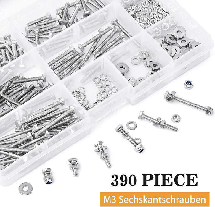 390PCS M3 Sechskantschrauben DIN 933 Sechskantschraube mit Gewinde bis Kopf A2-70 Edelstahl schrauben Set Maschinenschrauben muttern