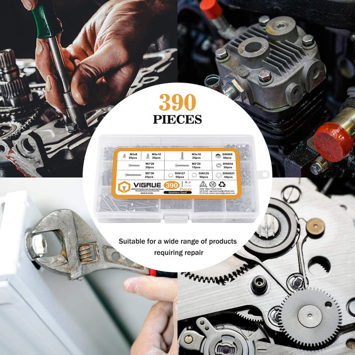 390PCS M3 Sechskantschrauben DIN 933 Sechskantschraube mit Gewinde bis Kopf A2-70 Edelstahl schrauben Set Maschinenschrauben muttern