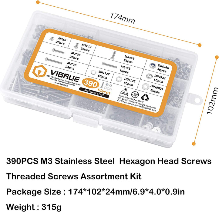 390PCS M3 Sechskantschrauben DIN 933 Sechskantschraube mit Gewinde bis Kopf A2-70 Edelstahl schrauben Set Maschinenschrauben muttern