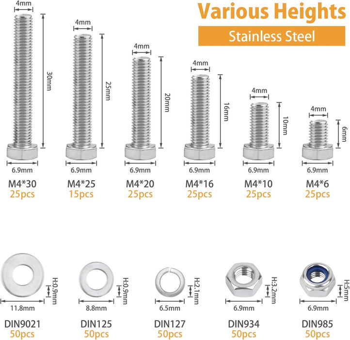 390PCS M4 Sechskantschrauben DIN 933 Sechskantschraube mit Gewinde bis Kopf Edelstahl Schrauben Set Maschinenschrauben muttern 