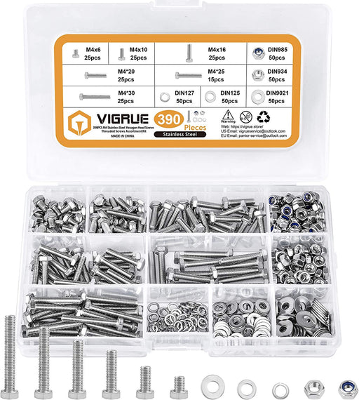 390PCS M4 Sechskantschrauben DIN 933 Sechskantschraube mit Gewinde bis Kopf Edelstahl Schrauben Set Maschinenschrauben muttern 