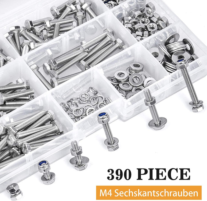 390PCS M4 Sechskantschrauben DIN 933 Sechskantschraube mit Gewinde bis Kopf Edelstahl Schrauben Set Maschinenschrauben muttern 