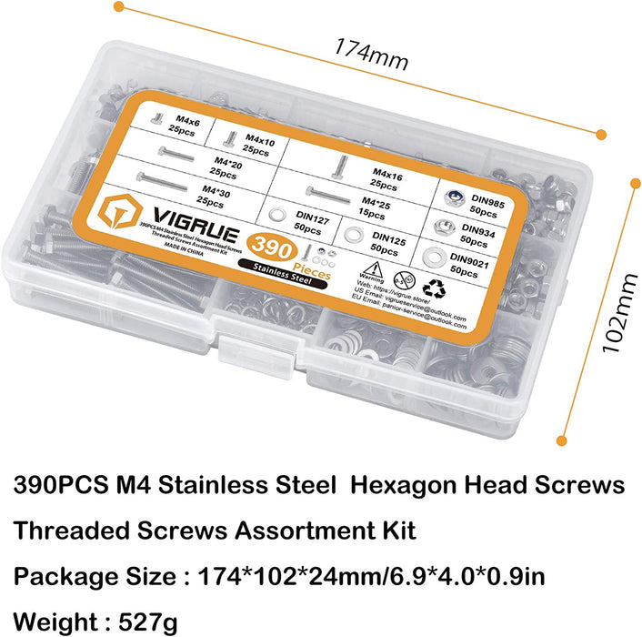 390PCS M4 Sechskantschrauben DIN 933 Sechskantschraube mit Gewinde bis Kopf Edelstahl Schrauben Set Maschinenschrauben muttern 
