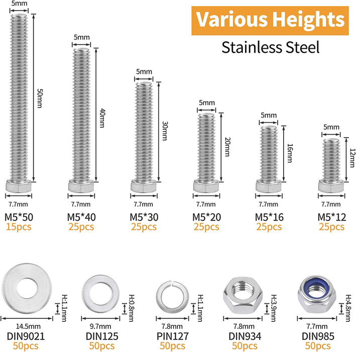 390PCS M5 Sechskantschrauben DIN 933 Sechskantschraube mit Gewinde bis Kopf A2-70 Edelstahl schrauben Set Maschinenschrauben muttern 