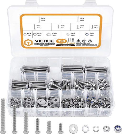 390PCS M5 Sechskantschrauben DIN 933 Sechskantschraube mit Gewinde bis Kopf A2-70 Edelstahl schrauben Set Maschinenschrauben muttern 