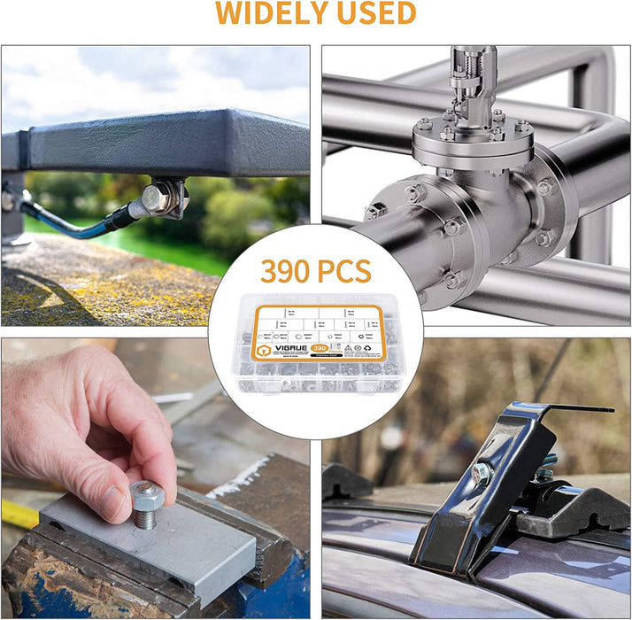 390PCS M5 Sechskantschrauben DIN 933 Sechskantschraube mit Gewinde bis Kopf A2-70 Edelstahl schrauben Set Maschinenschrauben muttern 