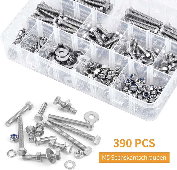 390PCS M5 Sechskantschrauben DIN 933 Sechskantschraube mit Gewinde bis Kopf A2-70 Edelstahl schrauben Set Maschinenschrauben muttern 
