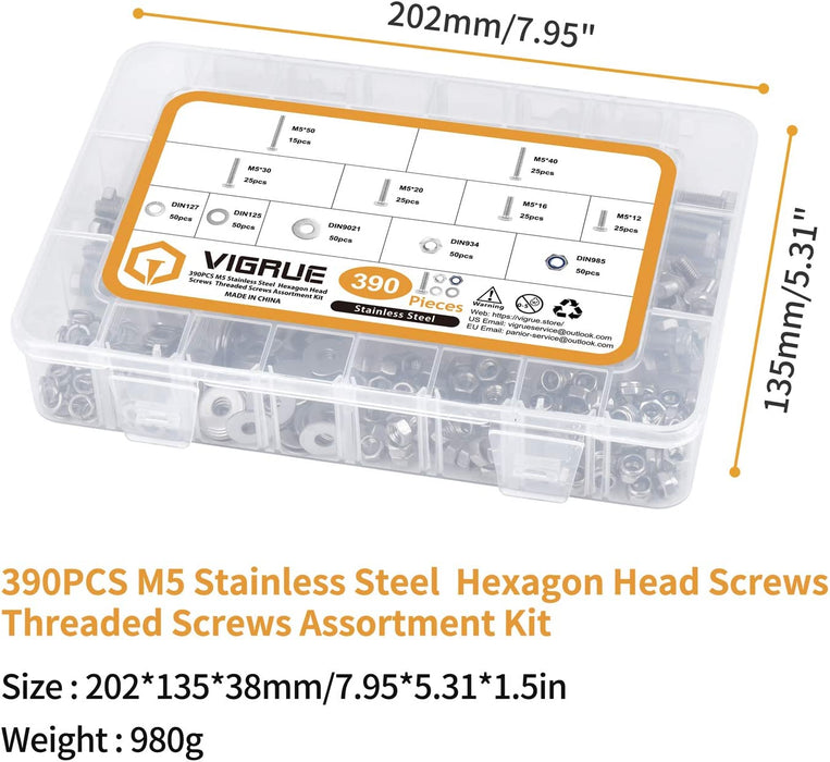 390PCS M5 Sechskantschrauben DIN 933 Sechskantschraube mit Gewinde bis Kopf A2-70 Edelstahl schrauben Set Maschinenschrauben muttern 