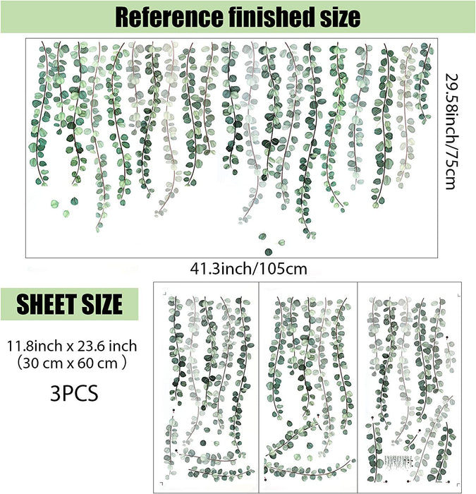 3 Blätter Grüne Pflanzen Eukalyptus Rebe Blätter Wandtattoo Abnehmbare Aquarell Wandkunst Dekor Schälen and Stock Wandaufkleber Kunst Wandgemälde Dekoration für Kindergarten Wohnzimmer