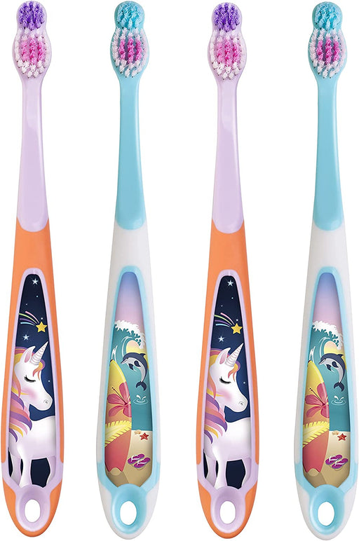 3 Zahnbürste Kinder | Kinder zahnbürste für 6-9 Jahre | Weiche Borsten, doppelter ergonomischer Griff & BPA-frei | Rosa und Blaue Farbe | Pack 4 Einheiten