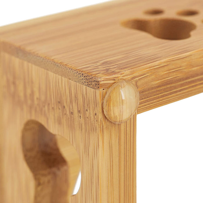 3er Napfständer Bambus, Keramikschalen Wasser & Futter, spülmaschinenfest, Napfbar Katzen, kleine Hunde, natur, L