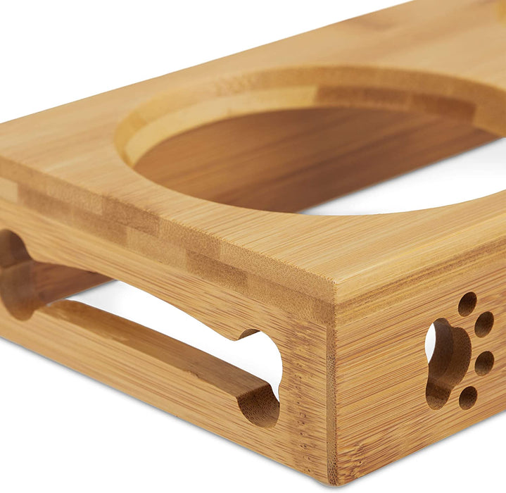 3er Napfständer Bambus, Keramikschalen Wasser & Futter, spülmaschinenfest, Napfbar Katzen, kleine Hunde, natur, L