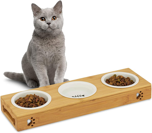 3er Napfständer Bambus, Keramikschalen Wasser & Futter, spülmaschinenfest, Napfbar Katzen, kleine Hunde, natur, L