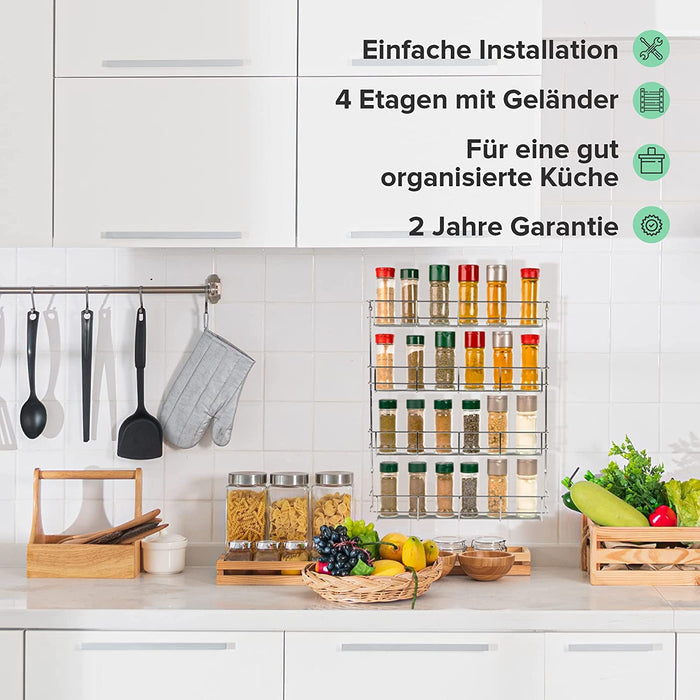 4-Etagen Gewürzregal Chrom - Gewürzregal hängend - Wand Spice Rack für 4 x 8 Gewürze - Hängender Gewürzständer - Gewürzregal für Küchenschrank