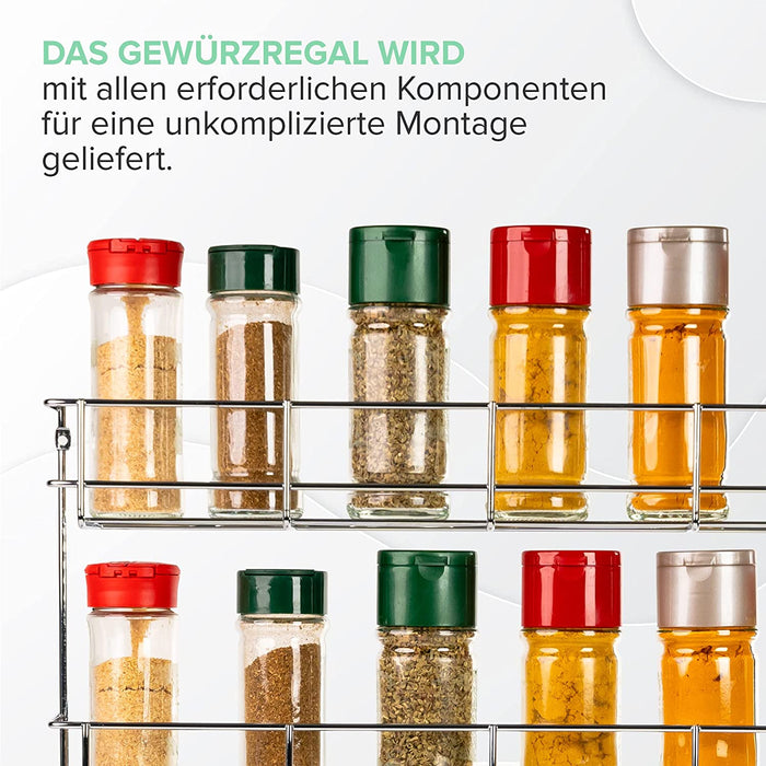 4-Etagen Gewürzregal Chrom - Gewürzregal hängend - Wand Spice Rack für 4 x 8 Gewürze - Hängender Gewürzständer - Gewürzregal für Küchenschrank