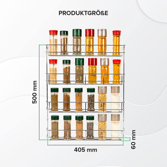 4-Etagen Gewürzregal Chrom - Gewürzregal hängend - Wand Spice Rack für 4 x 8 Gewürze - Hängender Gewürzständer - Gewürzregal für Küchenschrank