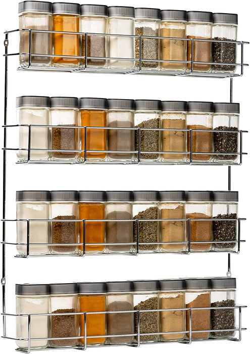 4-Etagen Gewürzregal Chrom - Gewürzregal hängend - Wand Spice Rack für 4 x 8 Gewürze - Hängender Gewürzständer - Gewürzregal für Küchenschrank