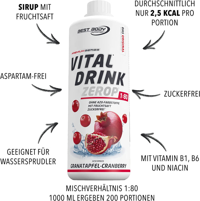 Best Body Nutrition Vital Drink ZEROP® - Granatapfel-Cranberry, Original Getränkekonzentrat - Sirup - zuckerfrei, 1:80 ergibt 80 Liter Fertiggetränk