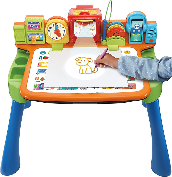 5-in-1 Magischer Schreibtisch – Interaktiver Kinderschreibtisch inkl. Hocker – Mit Kreidetafel, Staffelei, Schreibfeld und Projektor – Für Kinder 