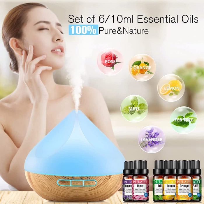 500ML Aroma Diffuser, Diffuser mit 6x10ml Diffuser Ätherische Öle Set, 14-Farben-LED, Fernbedienung mit Timer-Einstellung, Auto-Off, Luftbefeuchter