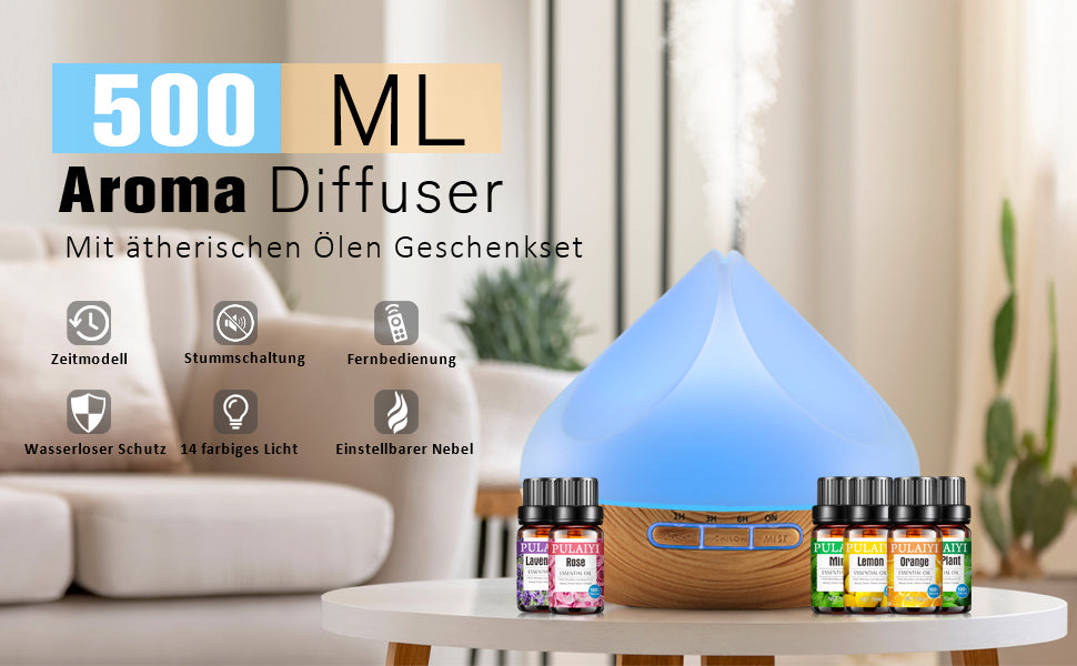 500ML Aroma Diffuser, Diffuser mit 6x10ml Diffuser Ätherische Öle Set, 14-Farben-LED, Fernbedienung mit Timer-Einstellung, Auto-Off, Luftbefeuchter