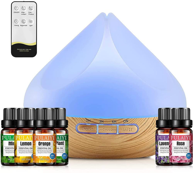 500ML Aroma Diffuser, Diffuser mit 6x10ml Diffuser Ätherische Öle Set, 14-Farben-LED, Fernbedienung mit Timer-Einstellung, Auto-Off, Luftbefeuchter