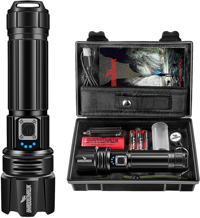 Taschenlampe Led 10000 Lumen, Extrem Hell Taschenlampe USB Aufladbar Taktische Taschenlampen Mit Holster IP67 Wasserdicht Camping Wandern Notfälle