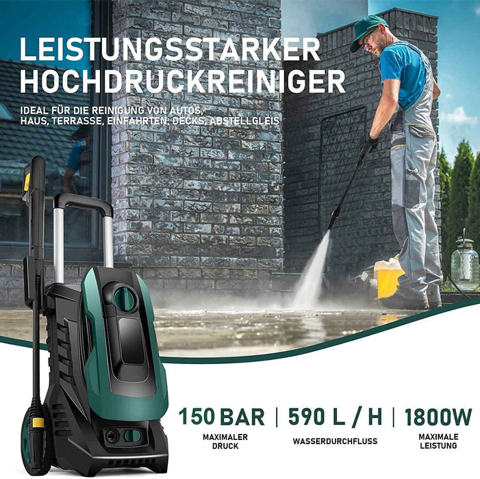 150 Bar Hochdruckreiniger, 1800W Elektrischer Hochdruckreiniger mit 3 in 1 Nozzle, 5 m Hochdruckschlauch, Fördermenge: 590 l/h