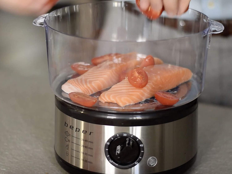 5 L Multifunktionaler Dampfgarer, Kompaktspeicher, 60-Minuten-Timer, Leistung 400-500 W, - Silber und Schwarz