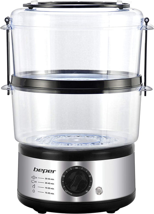 5 L Multifunktionaler Dampfgarer, Kompaktspeicher, 60-Minuten-Timer, Leistung 400-500 W, - Silber und Schwarz