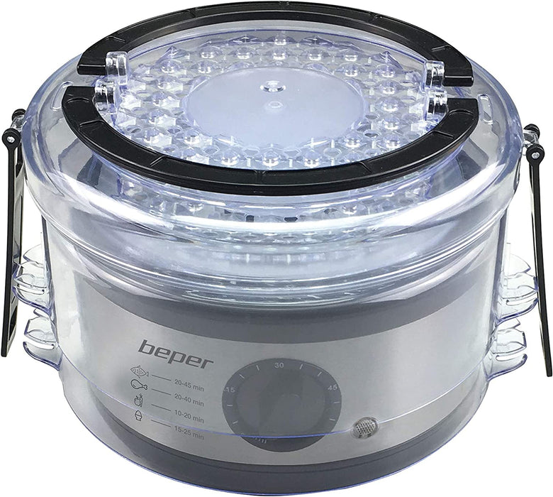 5 L Multifunktionaler Dampfgarer, Kompaktspeicher, 60-Minuten-Timer, Leistung 400-500 W, - Silber und Schwarz