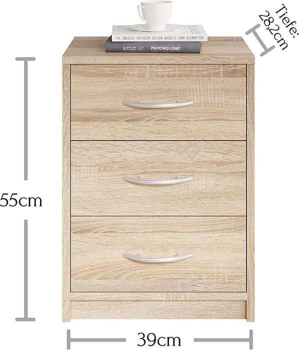 PEPE Nachttisch in Eiche Sonoma Optik - Schlichter Nachtschrank mit drei Schubladen passend zu jedem Bett & Schlafzimmer - 39 x 54 x 28 cm