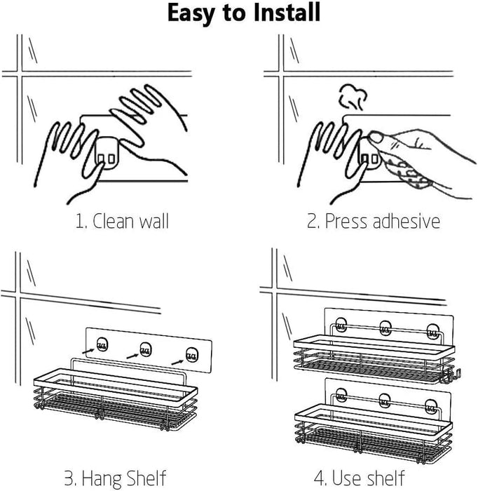 Duschablage ohne Bohren mit 5 Haken, Badezimmer duschregal ohne bohren Selbstklebend Duschablage SUS304 Edelstahl - 2 Stück (Schwarz)