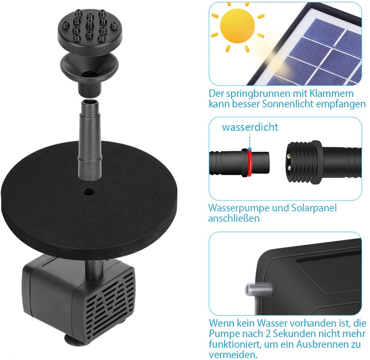 6.5W Solar Springbrunnen Eingebaute1500 mAh Batterie Upgraded Solar Teichpumpe Wasserpumpe Solar Schwimmender Fontäne Pumpe mit 6 Fontänenstile 