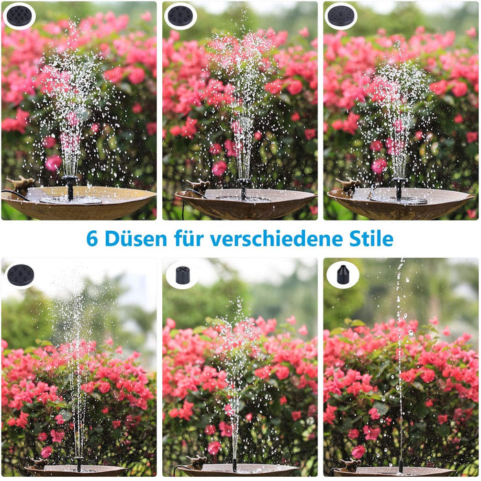 6.5W Solar Springbrunnen Eingebaute1500 mAh Batterie Upgraded Solar Teichpumpe Wasserpumpe Solar Schwimmender Fontäne Pumpe mit 6 Fontänenstile 