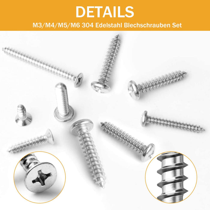 640PCS M3 M4 M5 Bohrschrauben Schnellbauschrauben 304 Edelstahl A2-70 Schrauben Set Flachkopf Blechschrauben Kreuzschlitzschrauben