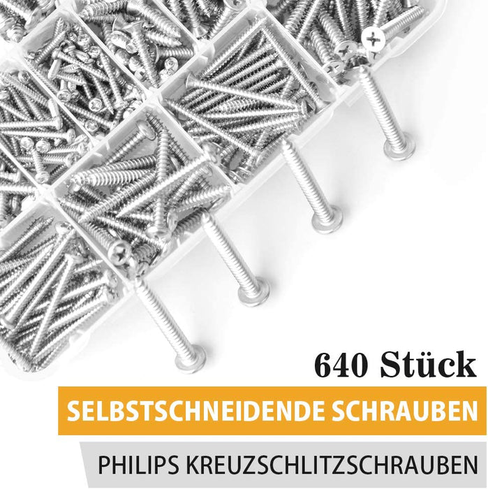 640PCS M3 M4 M5 Bohrschrauben Schnellbauschrauben 304 Edelstahl A2-70 Schrauben Set Flachkopf Blechschrauben Kreuzschlitzschrauben