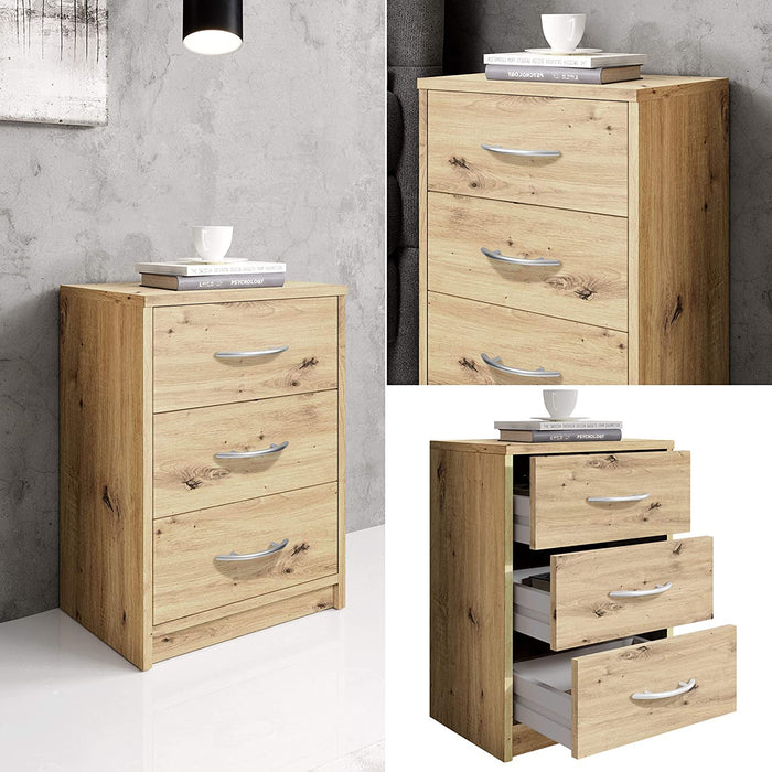 PEPE Nachttisch in Artisan Eiche Optik - Schlichter Nachtschrank mit drei Schubladen passend zu jedem Bett & Schlafzimmer - 39 x 54 x 28 cm 