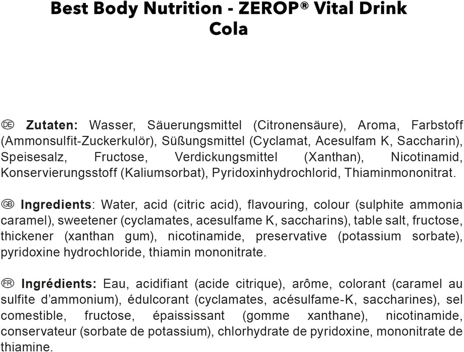 Best Body Nutrition Vital Drink ZEROP® - Cola, Original Getränkekonzentrat - Sirup - zuckerfrei, 1:80 ergibt 80 Liter Fertiggetränk, 1000 ml